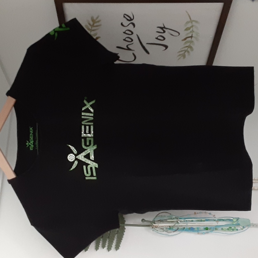 Women's Sz Large Isagenix Bling Black Short Sleeve Tshirt Logo on Sleeves